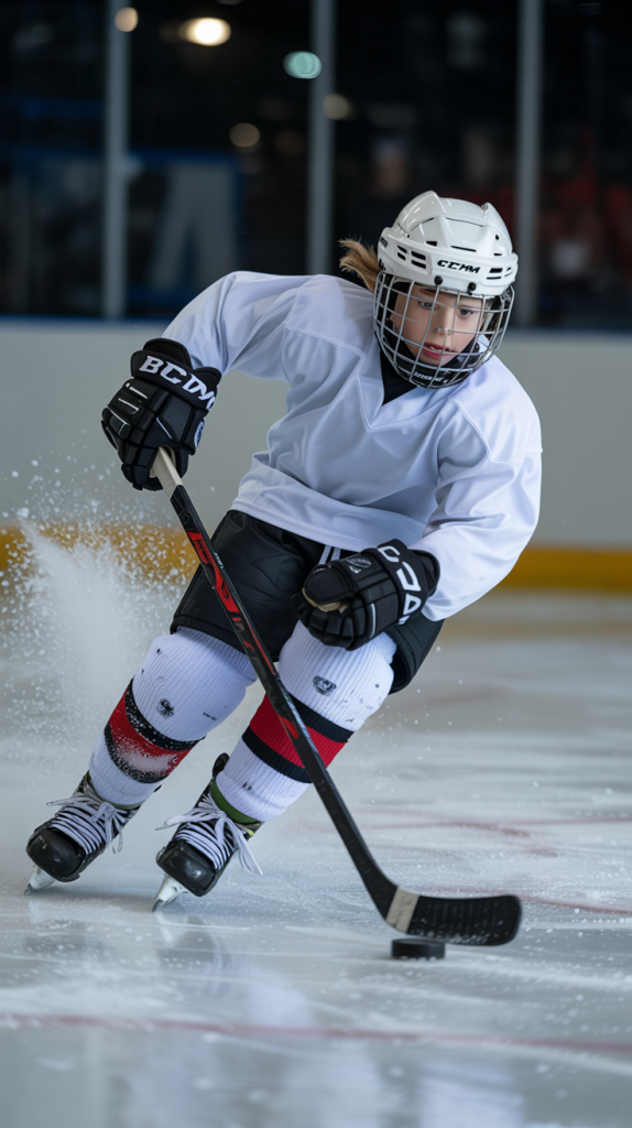 photo a a youth hockey player handling the puck